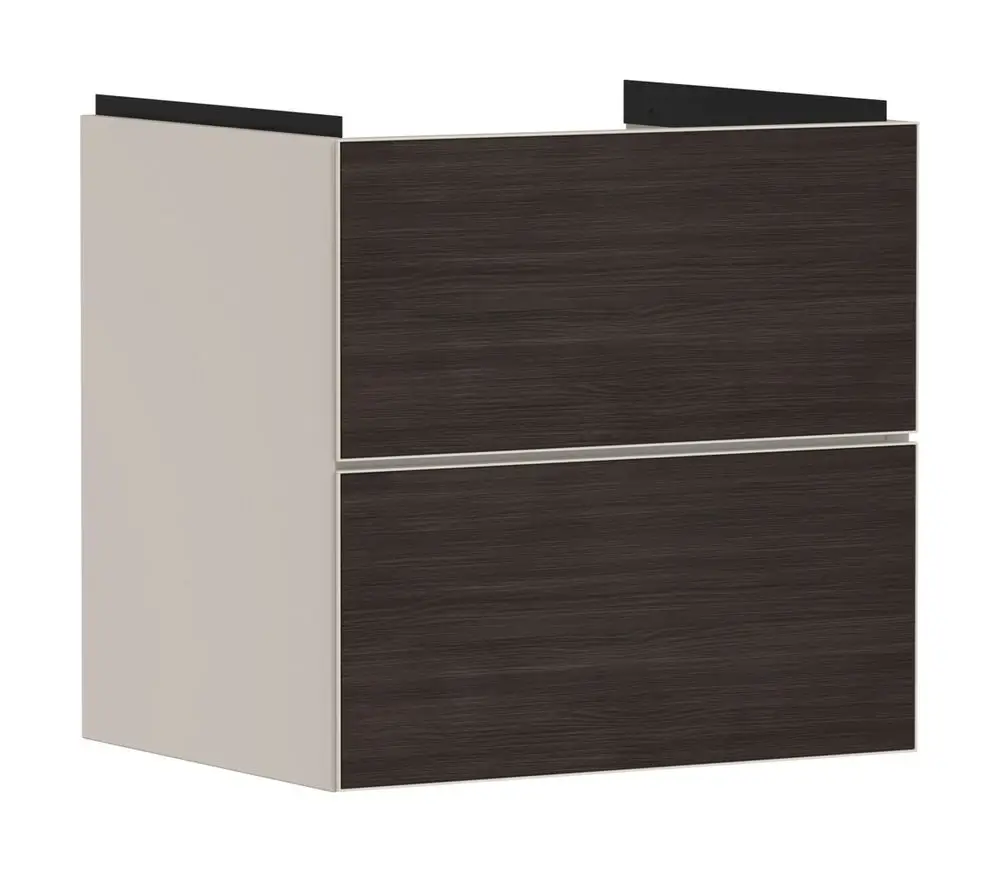 Waschtischunterschrank in Sandbeige Matt mit zwei Schubkästen. Der Schrank bietet Stauraum und ist geeignet für die Montage mit Waschtischen der Marke Hansgrohe.